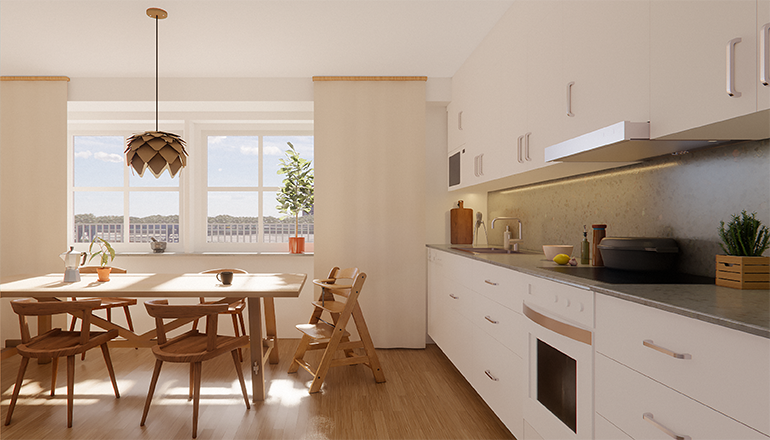 Kök med köksbord och fyra stolar.