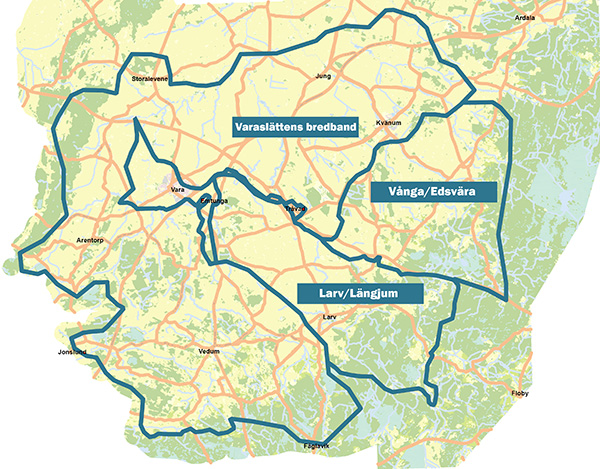 Kartbild som visar kommunens tre fiberområden. 