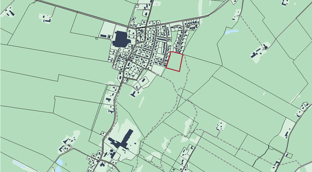 Bilden visar en kartbild över Arentorp med rödmarkering var lediga tomter finns.