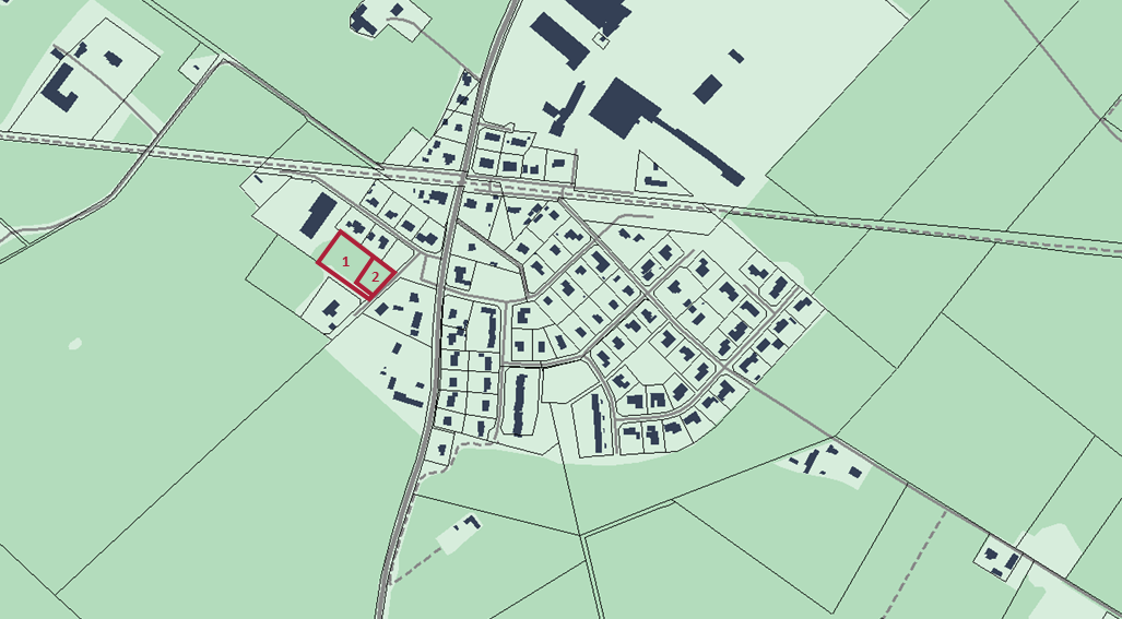 Bilden visar en kartbild över Emtunga med rödmarkering var lediga tomter finns.