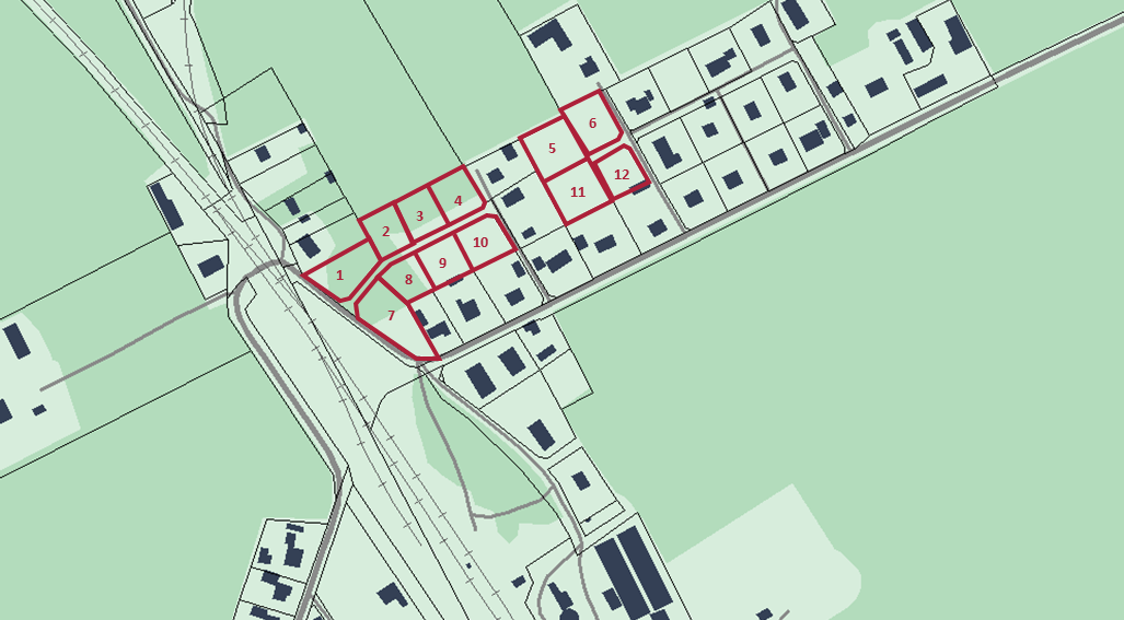 Bilden visar en kartbild över Håkantorp med rödmarkering var lediga tomter finns.